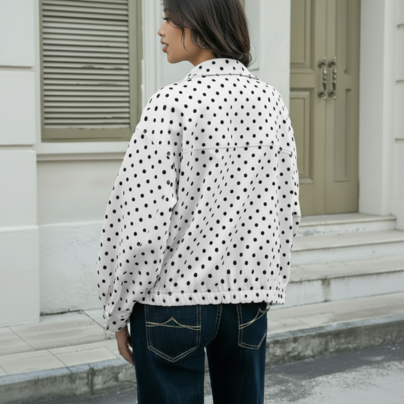 🌺Vente flash de printemps : 50 % de réduction !💐Veste courte à pois pour femme avec col montant