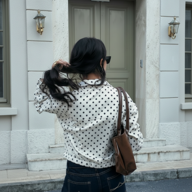 🌺Vente flash de printemps : 50 % de réduction !💐Veste courte à pois pour femme avec col montant