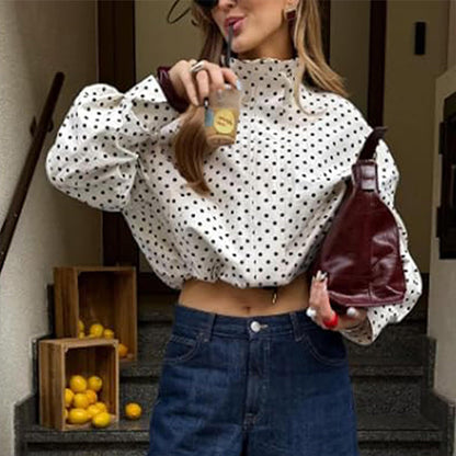 🌺Vente flash de printemps : 50 % de réduction !💐Veste courte à pois pour femme avec col montant