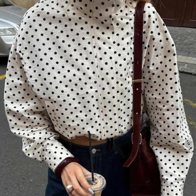 🌺Vente flash de printemps : 50 % de réduction !💐Veste courte à pois pour femme avec col montant