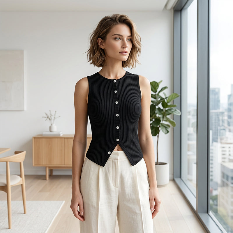 Gilet sans manches à boutons en maille côtelée pour femme