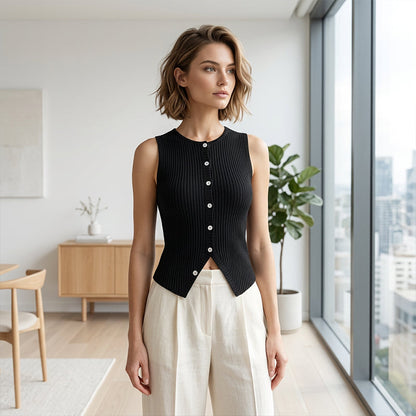 Gilet sans manches à boutons en maille côtelée pour femme