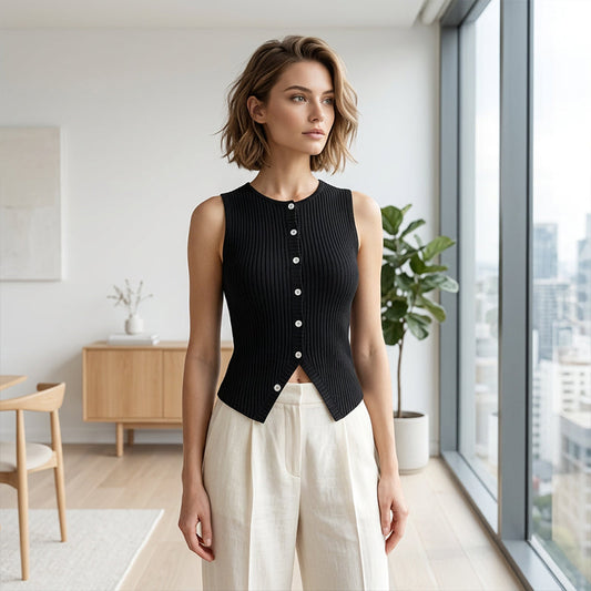 Gilet sans manches à boutons en maille côtelée pour femme