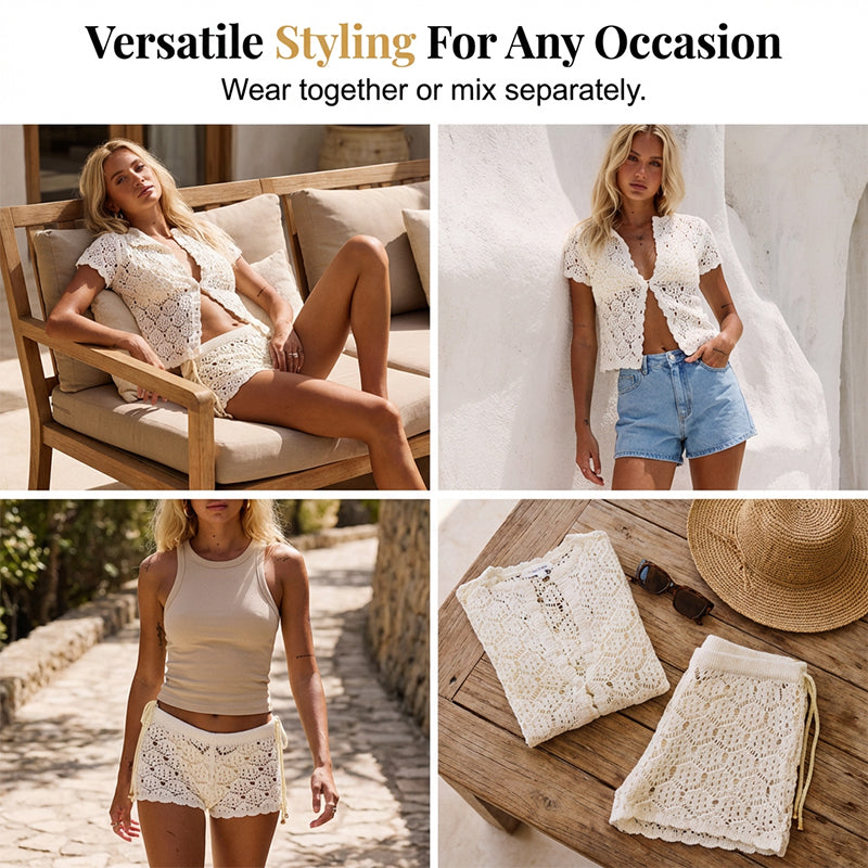 🔥Achetez-en 2, le 3e est offert ! Vous recevez 3 pièces : un ensemble haut et short d'été chic en crochet ajouré !🔥