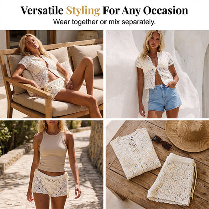 🔥Achetez-en 2, le 3e est offert ! Vous recevez 3 pièces : un ensemble haut et short d'été chic en crochet ajouré !🔥