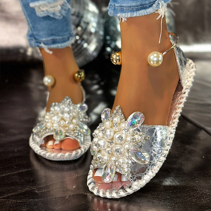 🎁Nouveauté ! 50 % de réduction !💥 Sandales plates ornées de fausses perles et de cristaux