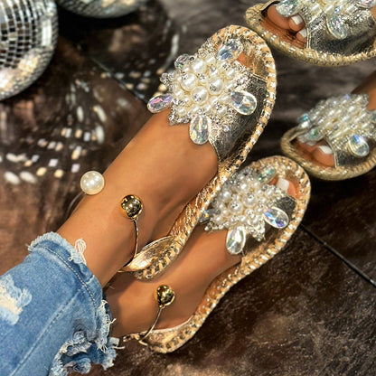 🎁Nouveauté ! 50 % de réduction !💥 Sandales plates ornées de fausses perles et de cristaux