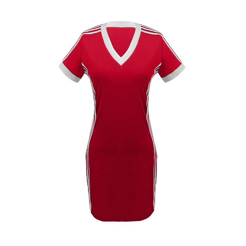 👗 50 % DE RÉDUCTION MAINTENANT ! Robe mini moulante sportive pour femme – Col V, manches rayées, polyester respirant et coupe flatteuse 🏃‍♀️✨