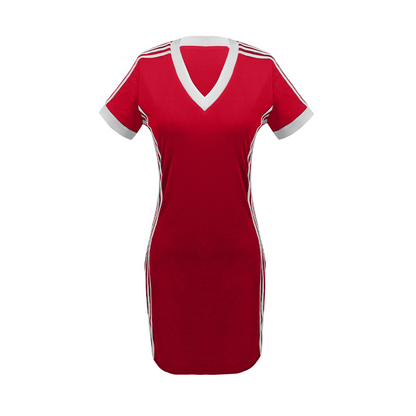 👗 50 % DE RÉDUCTION MAINTENANT ! Robe mini moulante sportive pour femme – Col V, manches rayées, polyester respirant et coupe flatteuse 🏃‍♀️✨