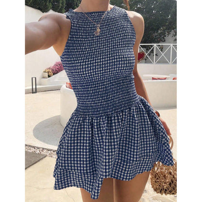 💃 5折（50% de réduction）– Robe mini sans manches à carreaux vichy et smocks | Extensible et confortable, parfaite pour les vacances 🌞