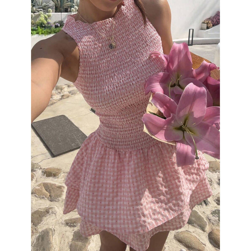 💃 5折（50% de réduction）– Robe mini sans manches à carreaux vichy et smocks | Extensible et confortable, parfaite pour les vacances 🌞