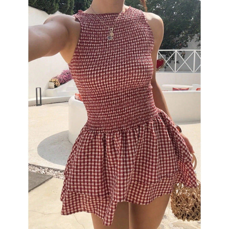 💃 5折（50% de réduction）– Robe mini sans manches à carreaux vichy et smocks | Extensible et confortable, parfaite pour les vacances 🌞