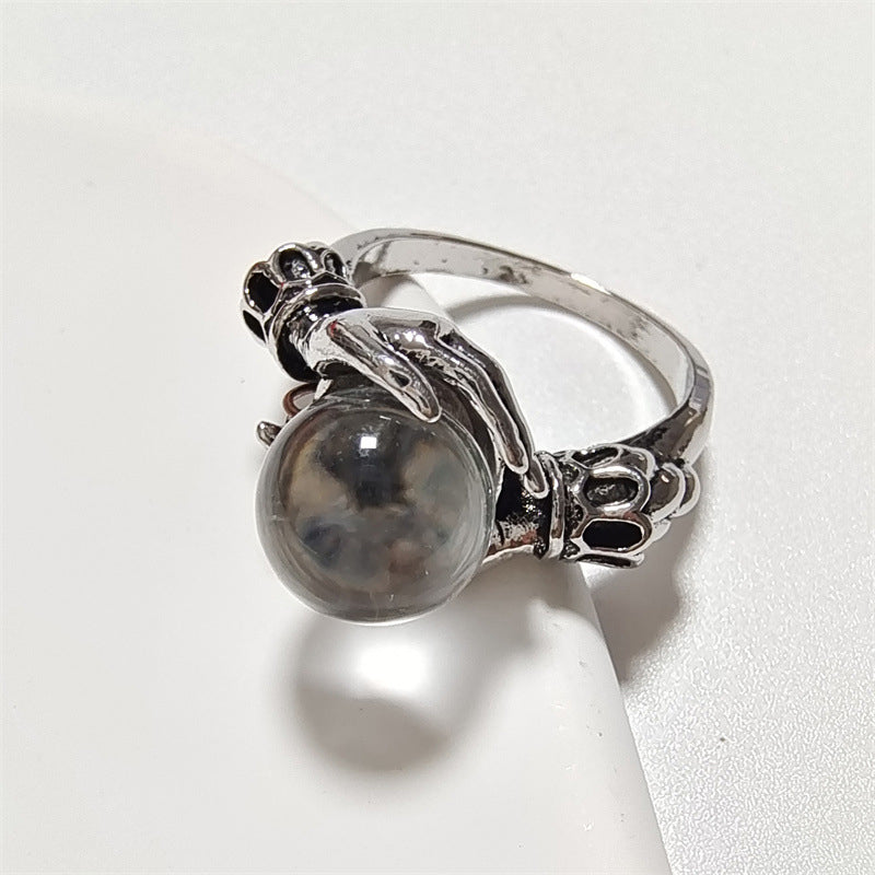 🖤50 % DE RÉDUCTION MAINTENANT ! Bague boule de cristal gothique – Ajustable, plaquée argent antique, orbe mystique et cuivre durable ✨🔮