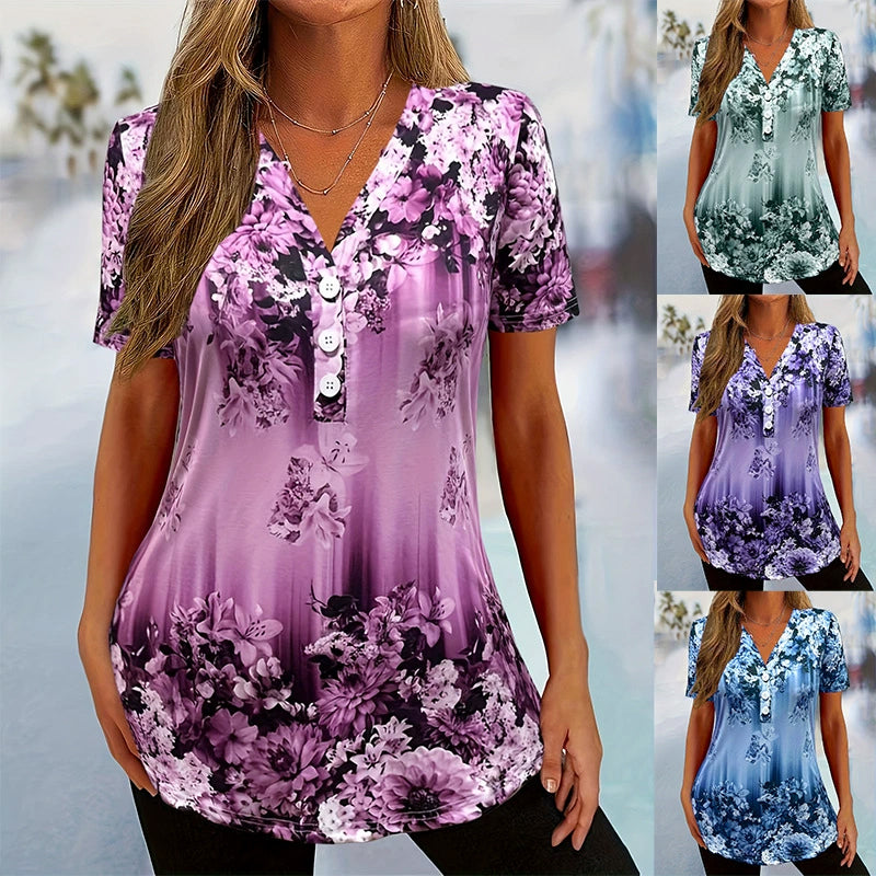 🌺🔥 Moitié prix ! Top fleuri à manches courtes pour femme – Coupe flatteuse, encolure élégante, à porter en toute occasion 💃