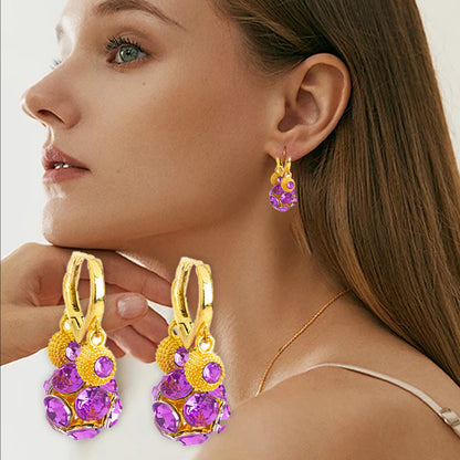 💎👂Boucles d'Oreilles Vintage Dorées – Boule de Cristal Violette, Placage Or & Pendentif Sculpté (Créoles à Clip)