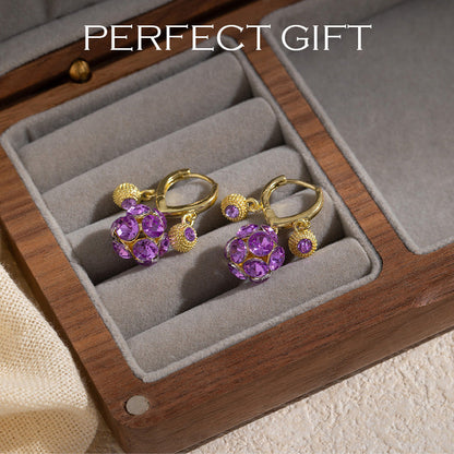 💎👂Boucles d'Oreilles Vintage Dorées – Boule de Cristal Violette, Placage Or & Pendentif Sculpté (Créoles à Clip)