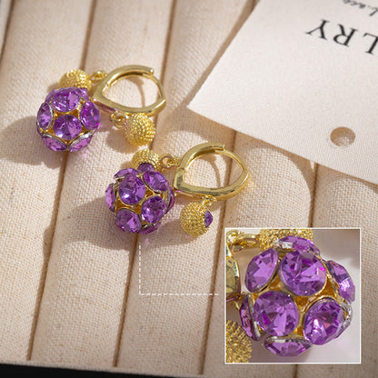 💎👂Boucles d'Oreilles Vintage Dorées – Boule de Cristal Violette, Placage Or & Pendentif Sculpté (Créoles à Clip)