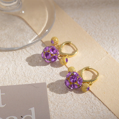 💎👂Boucles d'Oreilles Vintage Dorées – Boule de Cristal Violette, Placage Or & Pendentif Sculpté (Créoles à Clip)