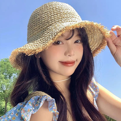 ❤️ Chapeau de paille à large bord tissé à la main pour femme