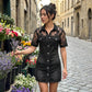 📢📢40% OFF !! & Free Shipping⏰Women's Fashion Sheer Lace Denim Mini Dress