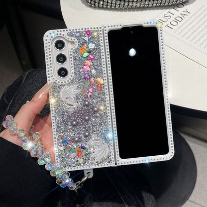 Special Offer: Sparkling Goldfish Glitter Case for Samsung Z Fold | Luxury Rhinestone Folding Phone Cover with Wrist Strap | Shockproof Acrylic Hard Case